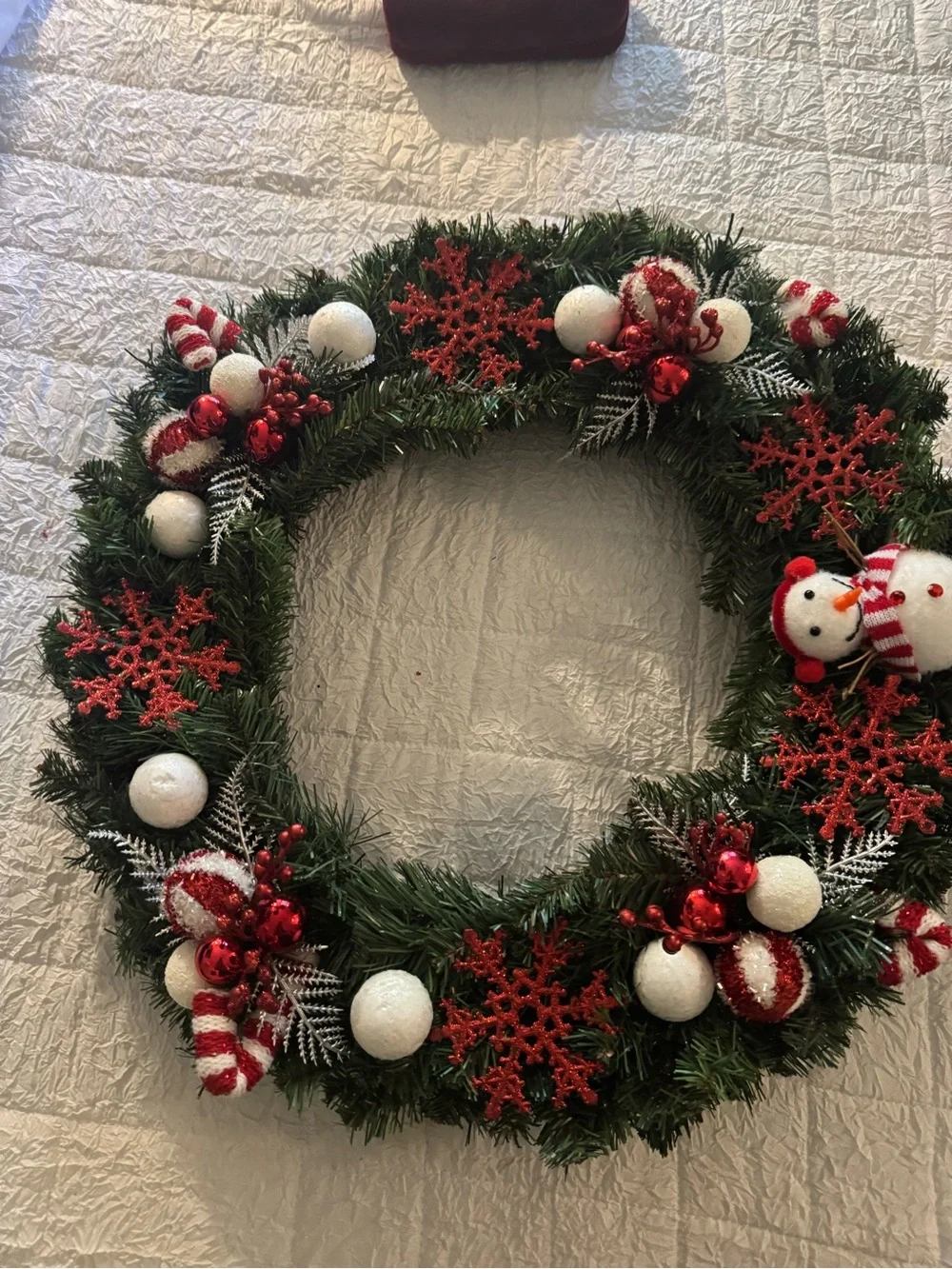 Festive Snowman Holiday Wreath in Green, Red & White